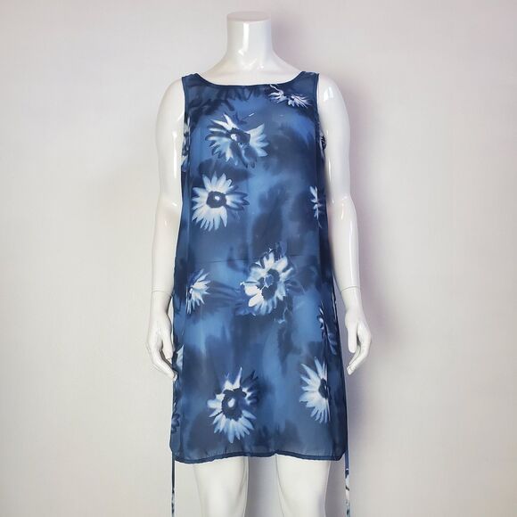 Vintage 90s Villoria Virini Blue Floral Semi-Sheer Dress - Picture 2 of 9
